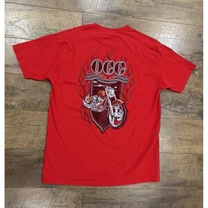 Vintage Y2k Orange County Choppers Center Logo Flames Graphic Tee Red Large Bike